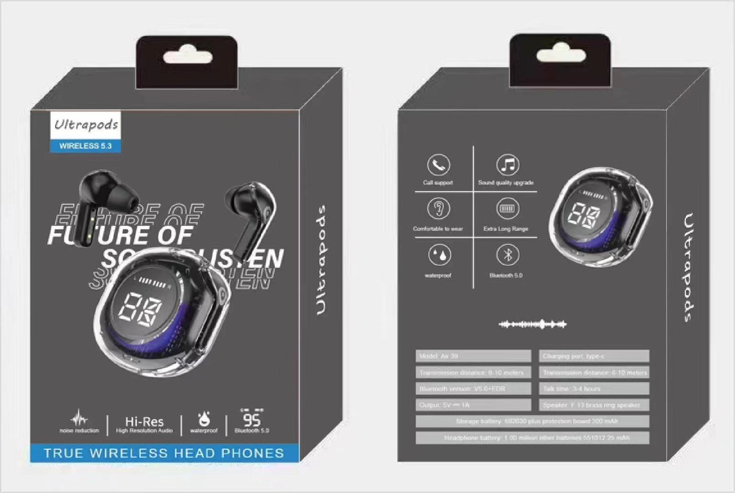 Air39 Écouteurs Transparents Sans Fil TWS Bluetooth 5.3 LED